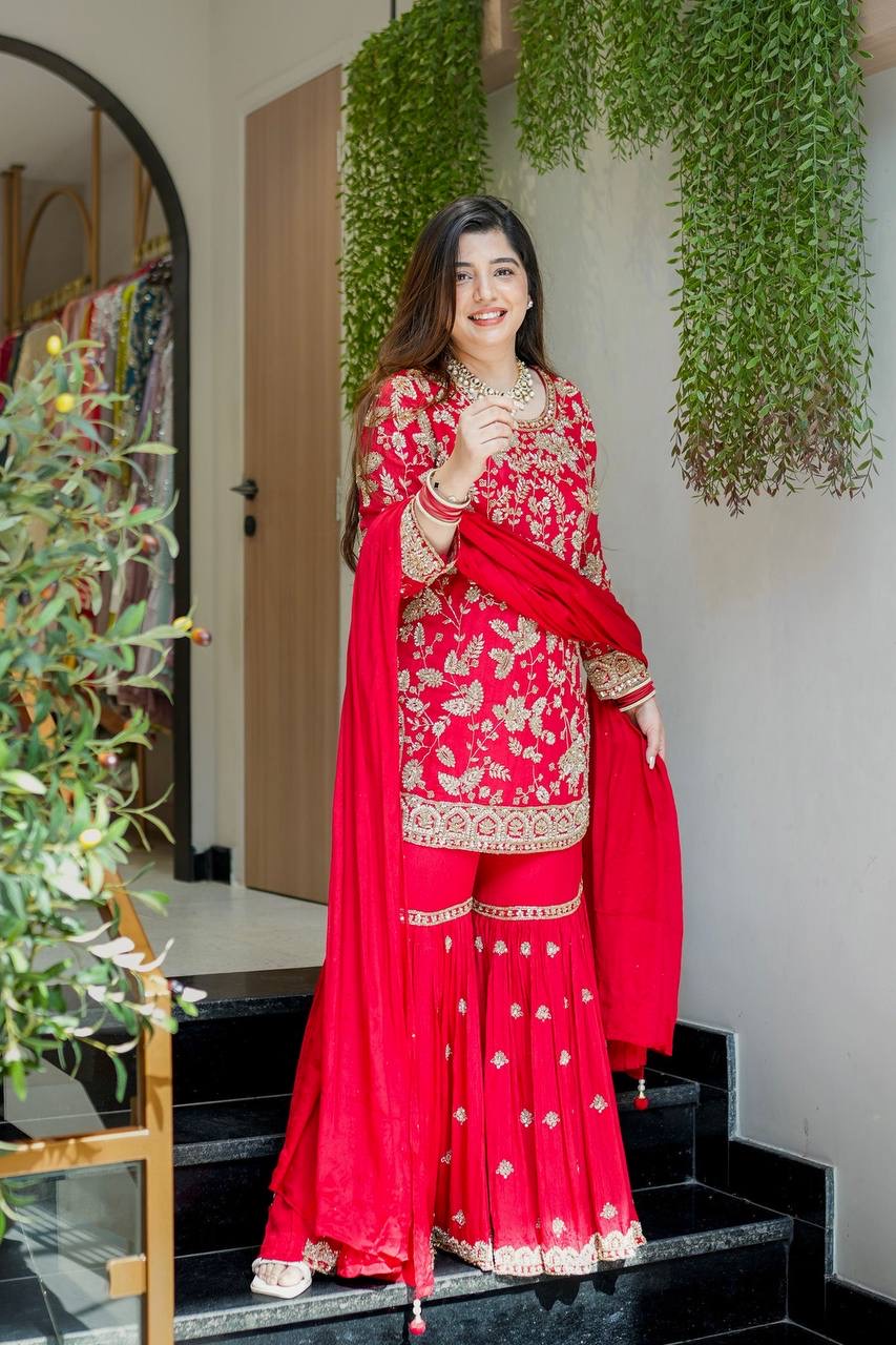 Designer Party Wear Embroidered Top-Plazzo with Dupatta – Ready to Wear