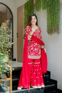 Designer Party Wear Embroidered Top-Plazzo with Dupatta – Ready to Wear