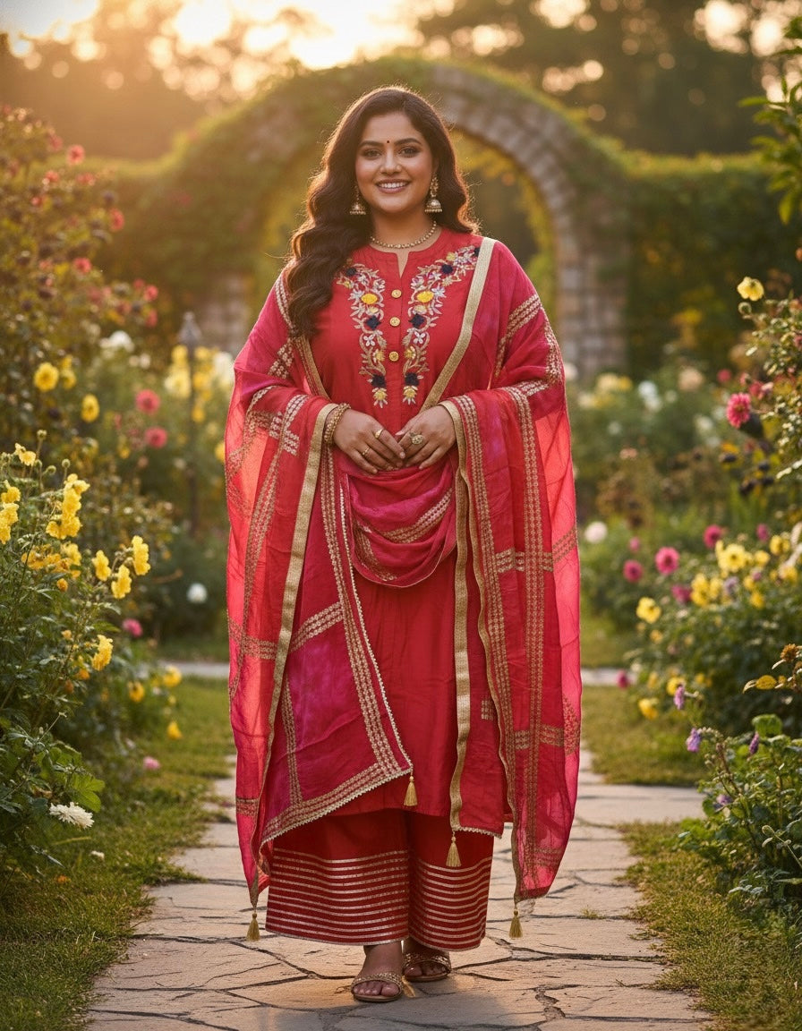 Elegant Plus Size Red Silk Kurta Set with Embroidered Neckline & Contrast Dupatta