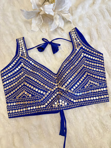 Blue faux Mirror & Thread Embroidered Readymade Saree Blouse