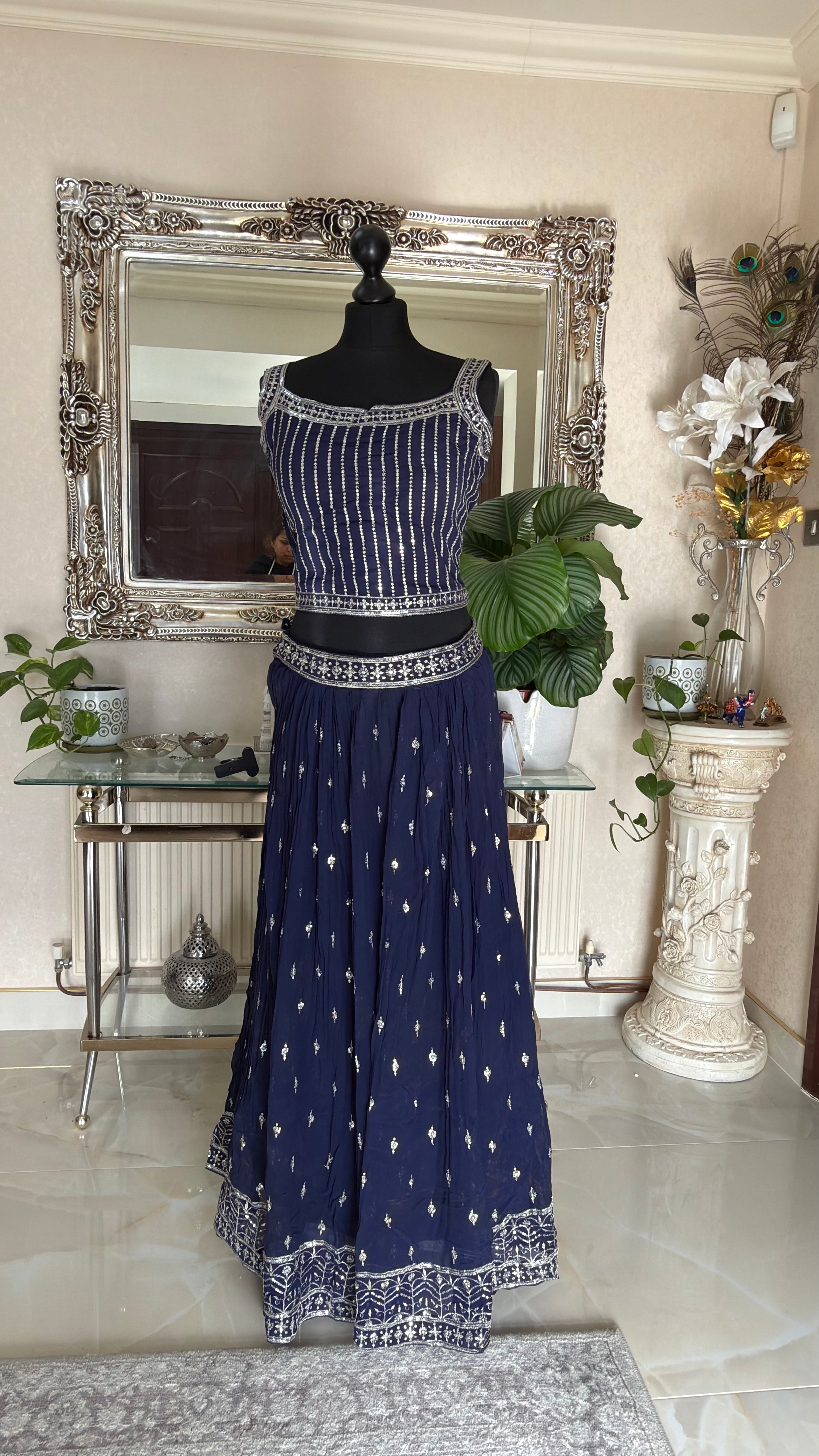 Navy Blue Georgette Embroidered Lehenga Set with Mirror and Thread Work Jacket – Festive & Wedding Wear