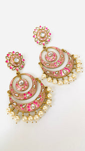 Handpainted Meenakari Kundan Pearl Chandbali Earrings | Traditional Indian Jewelry