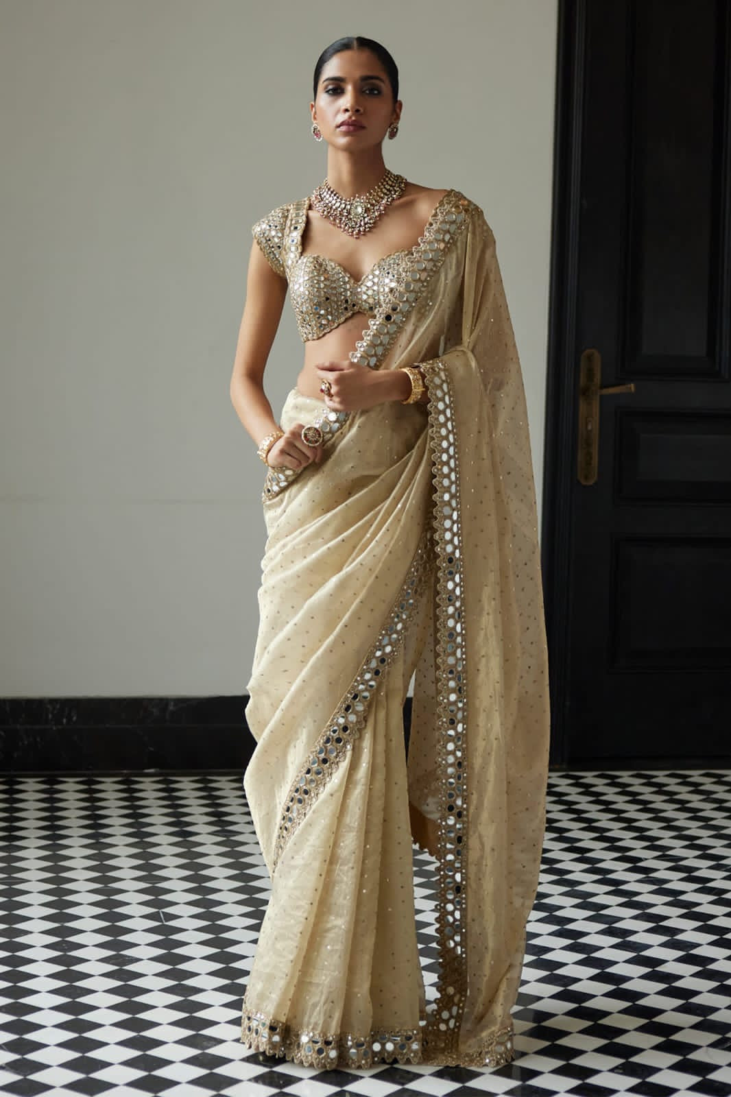 Organza Sequin & Real Mirror Saree with Ready Stitched Blouse | Party Wear Indian Saree | Designer Saree Set for Weddings & Festivals