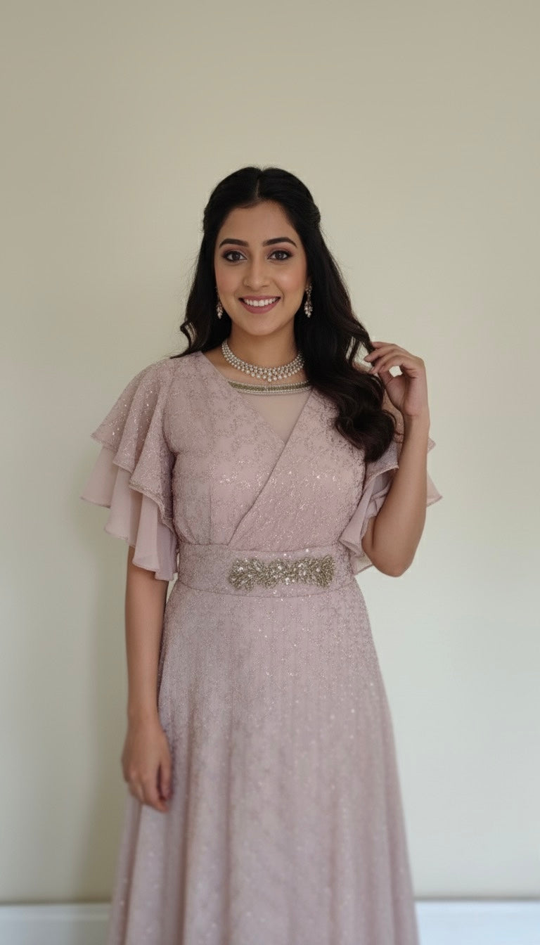 Elegant Dusty Pink Sequin Gown | Partywear Long Dress with Ruffle Sleeves & Embellished Waist