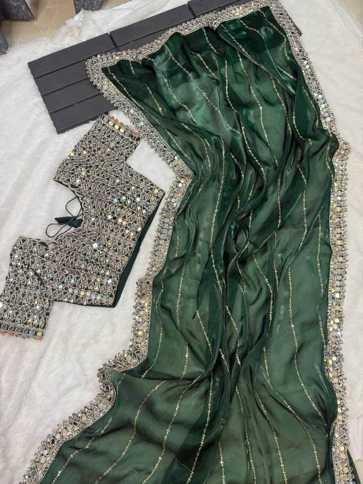 Designer  Mirror Work Saree with Heavy Embroidered Blouse | Party Wear & Wedding Saree