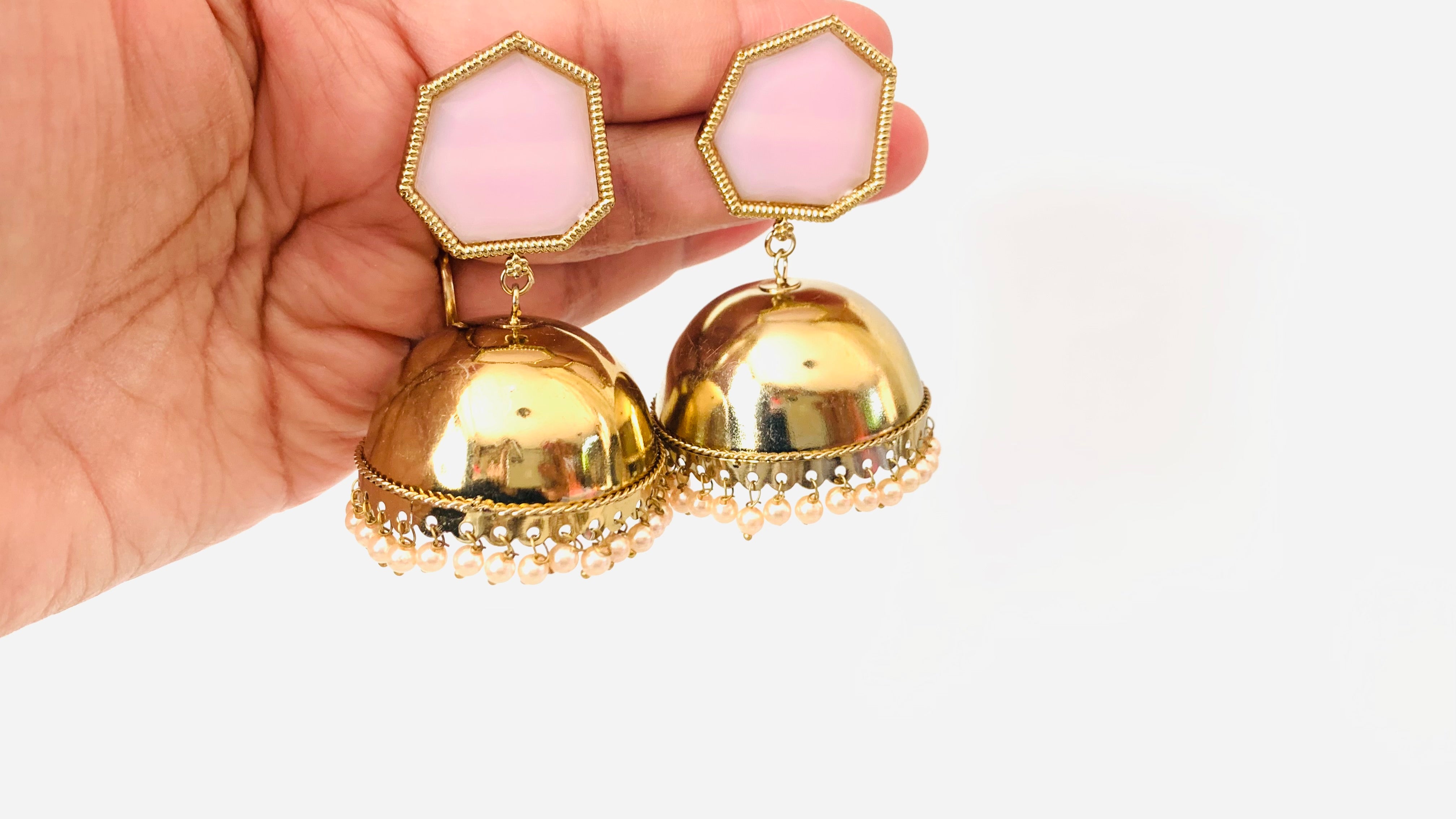 Gold Metal Dome Pink Jhumka Earrings with Pearls | Traditional Ethnic Jewelry