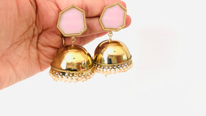 Gold Metal Dome Pink Jhumka Earrings with Pearls | Traditional Ethnic Jewelry
