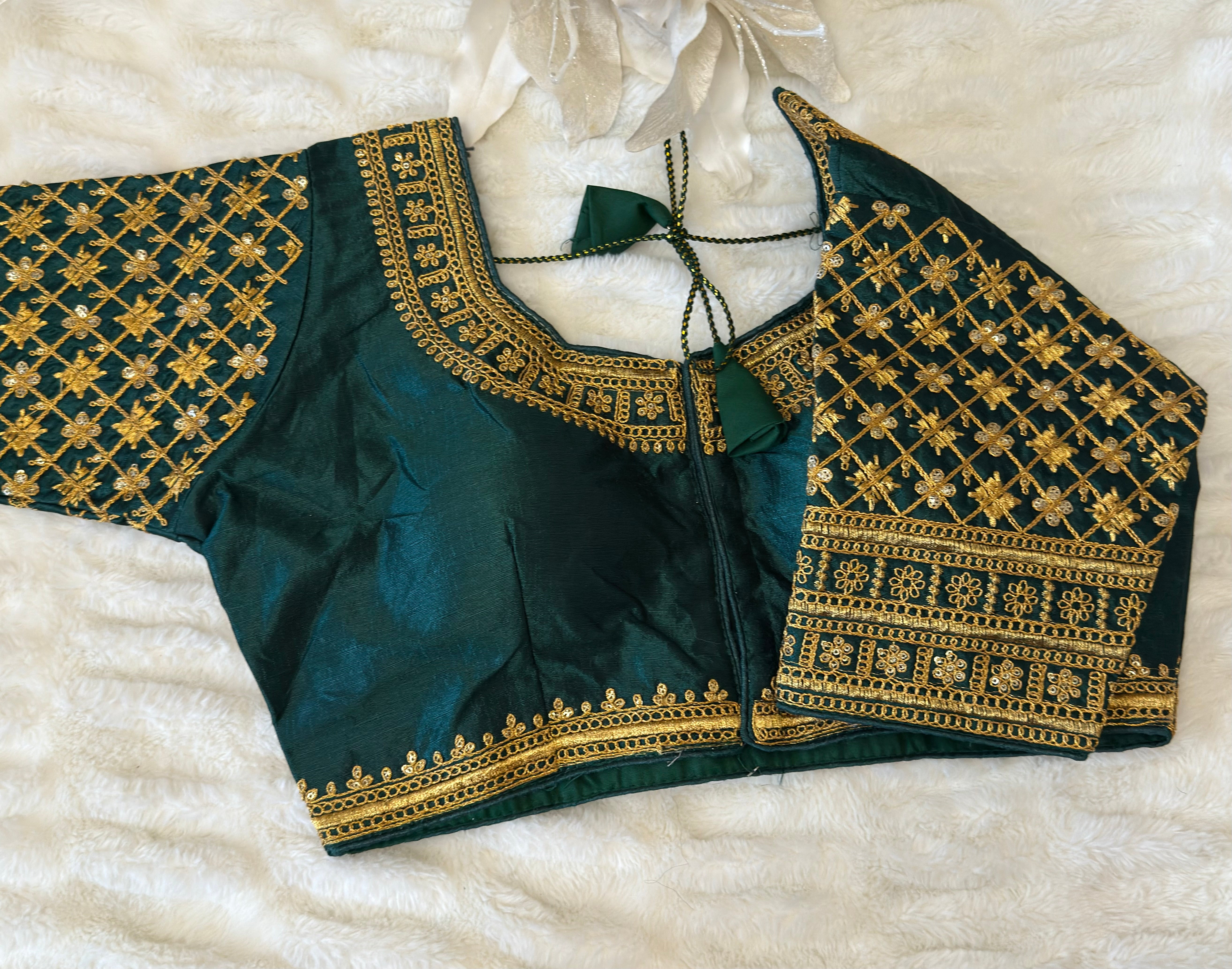 Green Silk Blouse with Sleeves & Gold Zari Embroidery | Designer Saree Blouse