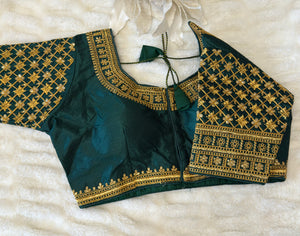 Green Silk Blouse with Sleeves & Gold Zari Embroidery | Designer Saree Blouse