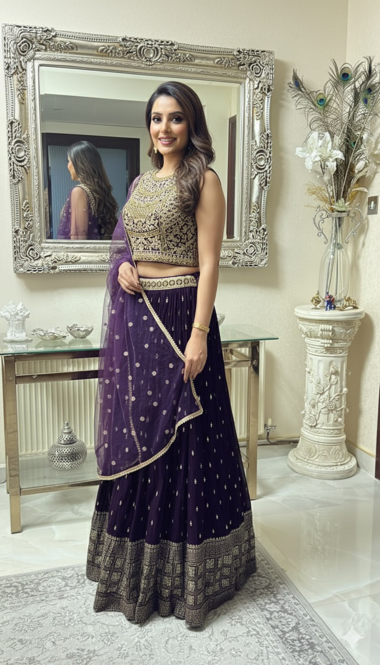 Royal Purple Embroidered Lehenga Choli with Dupatta – Bridal & Party Wear