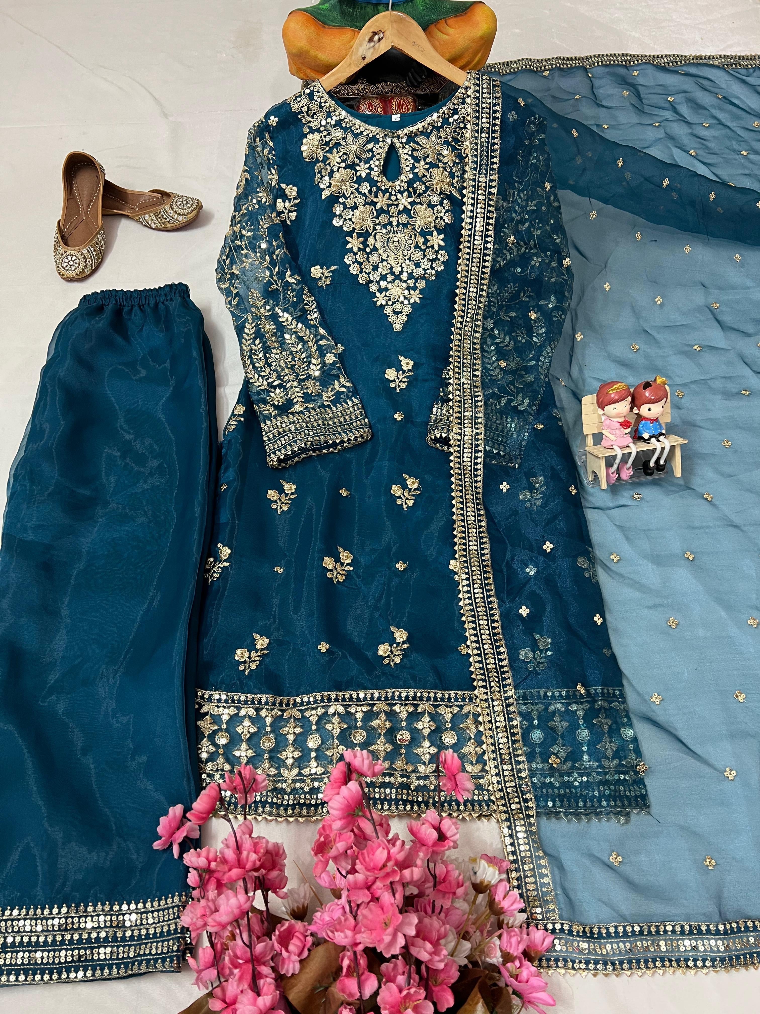 Organza Silk Kurti-Plazzo Set with Zari & Sequins Work - LC 1371