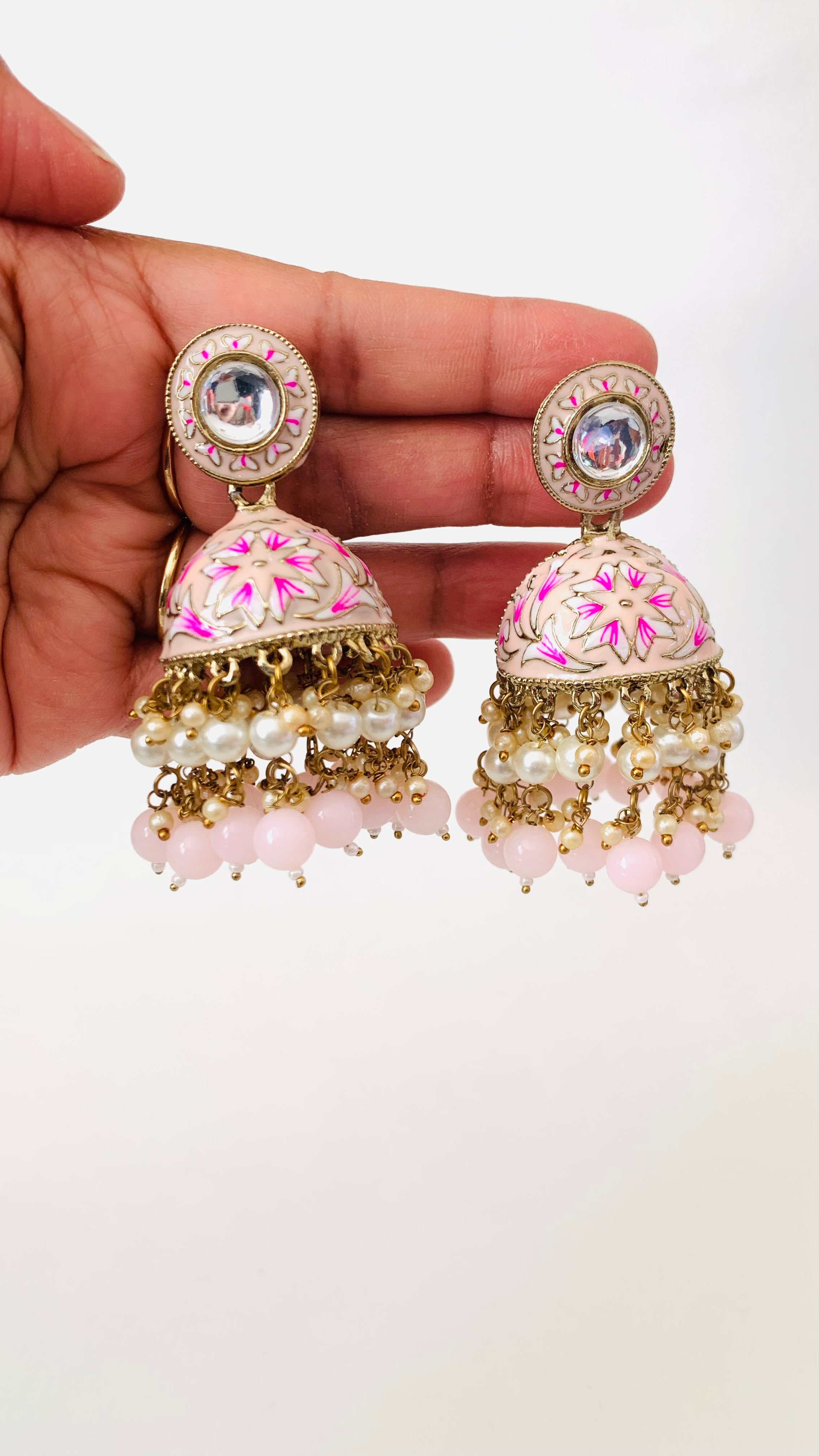 Kundan Pearl Handpainted Meenakari Jhumka Earrings | Traditional Ethnic Jewelry
