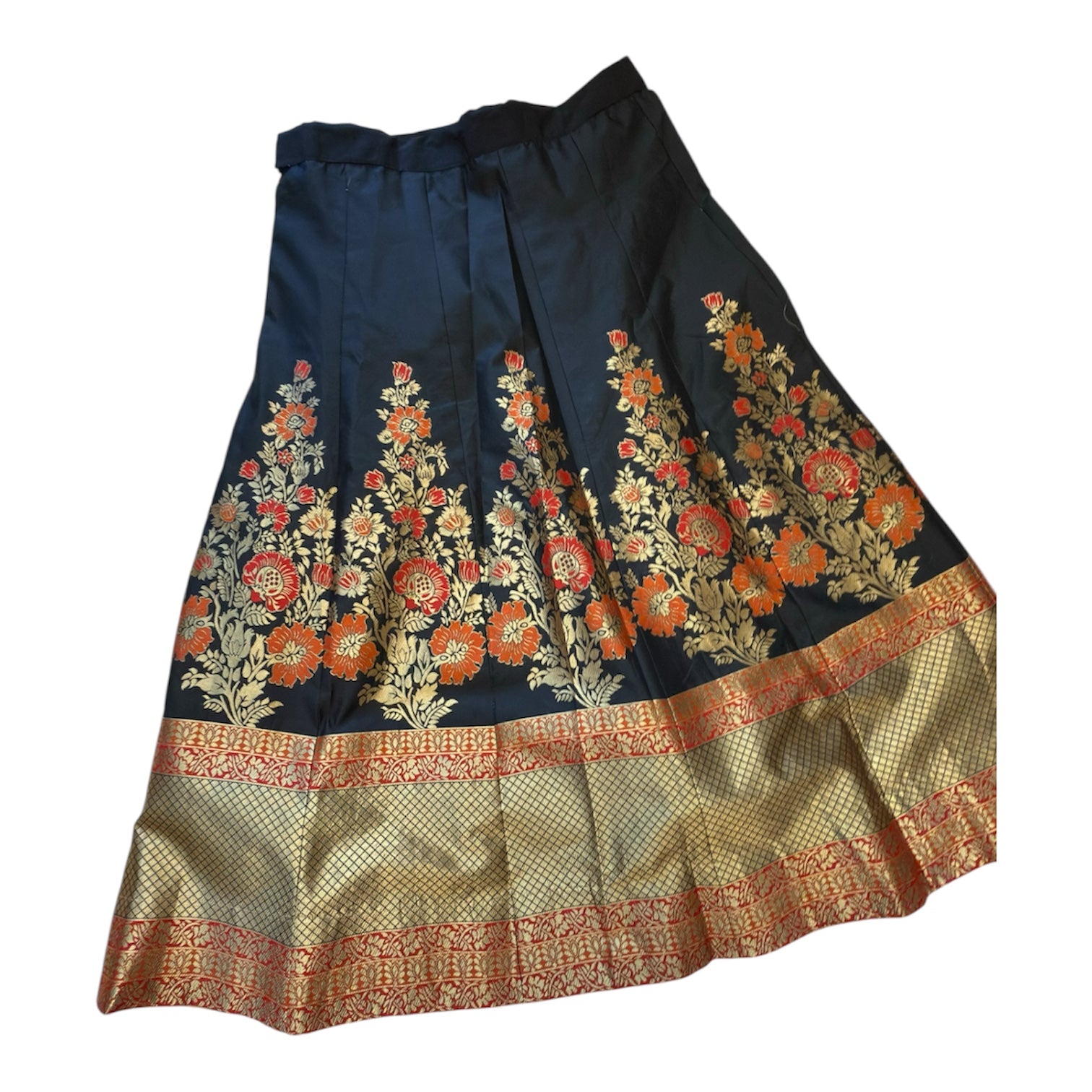 Traditional Banarasi Silk Skirt – black with Red & Gold Floral Zari Work