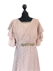 Elegant Dusty Pink Sequin Gown | Partywear Long Dress with Ruffle Sleeves & Embellished Waist