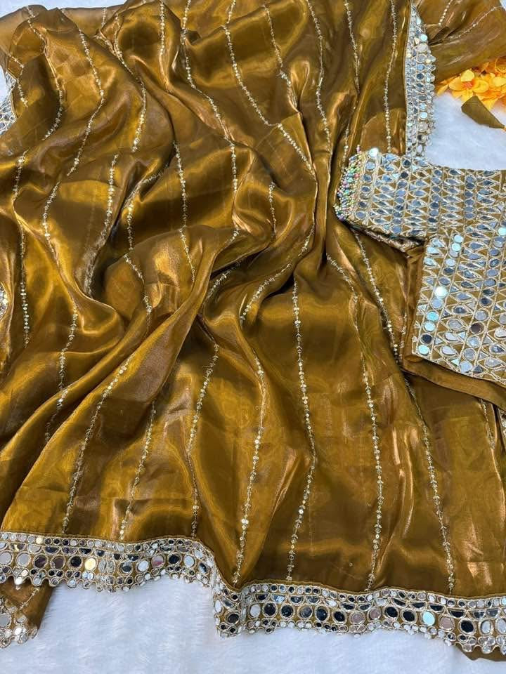 Designer  Mirror Work Saree with Heavy Embroidered Blouse | Party Wear & Wedding Saree