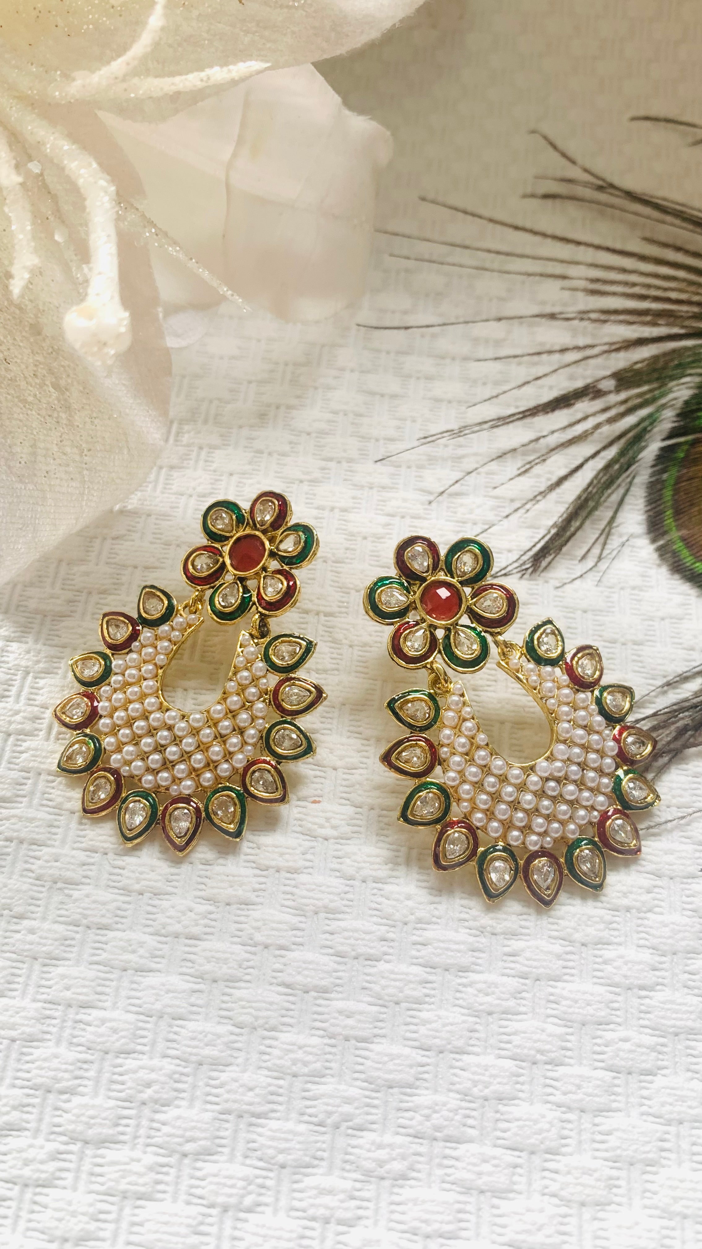 Cubic zirconia meenakari moti earrings
