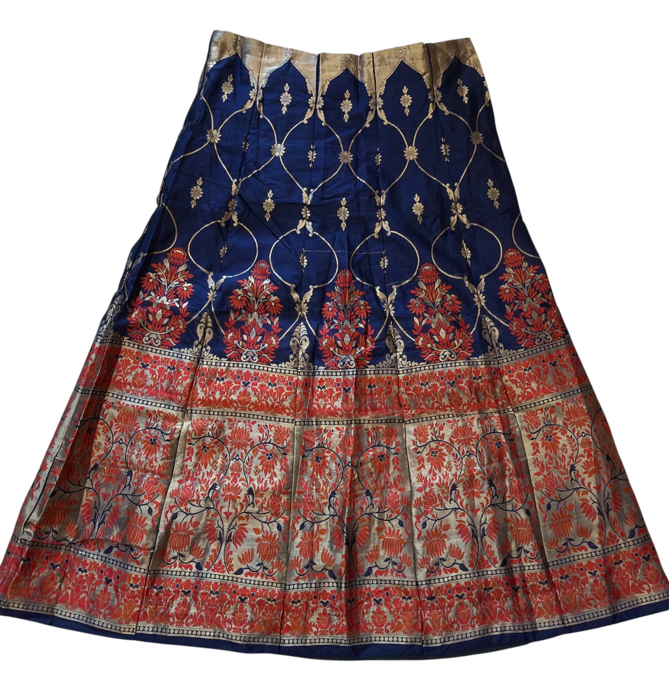 Traditional Banarasi Silk Skirt – Navy Blue with Red & Gold Floral Zari Work