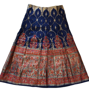 Traditional Banarasi Silk Skirt – Navy Blue with Red & Gold Floral Zari Work