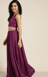 Elegant Plum Silk Party Wear Lehenga Set with Mirror Work Blouse