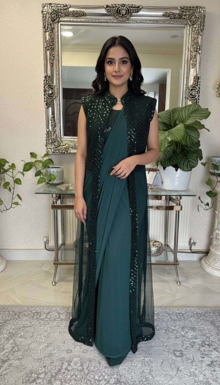 Emerald Green Sequined Jacket Fusion Saree