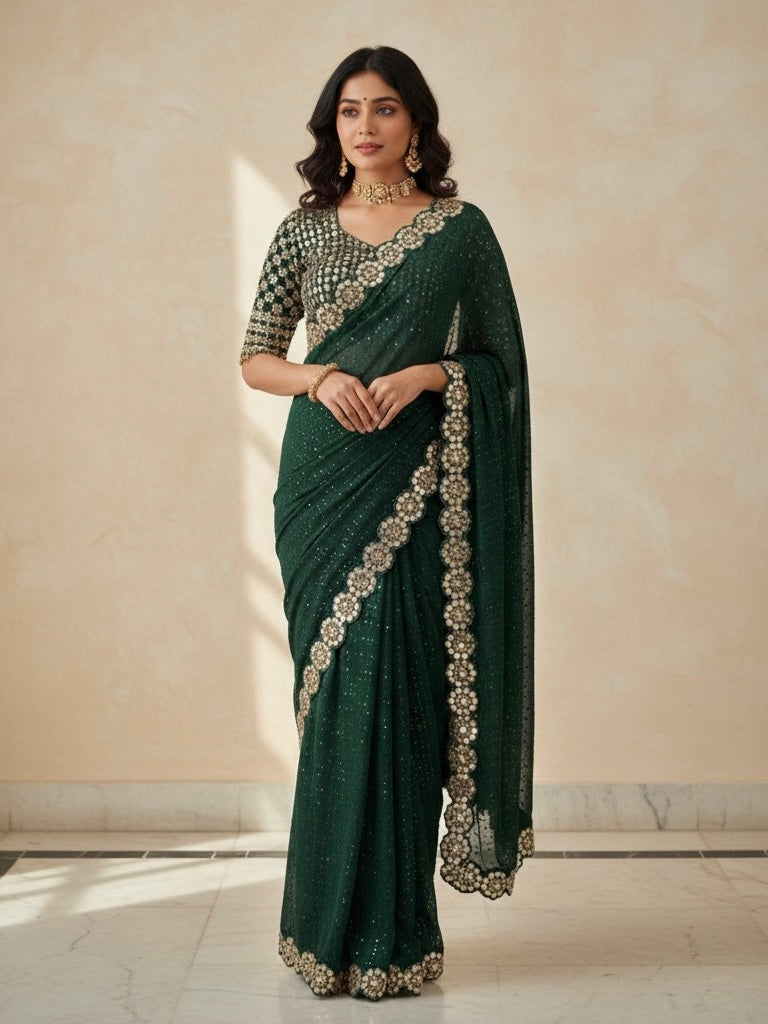 Bollywood Blockbuster Original Mirror Work Saree | Faux Georgette with Heavy Sequins & Embroidered Blouse