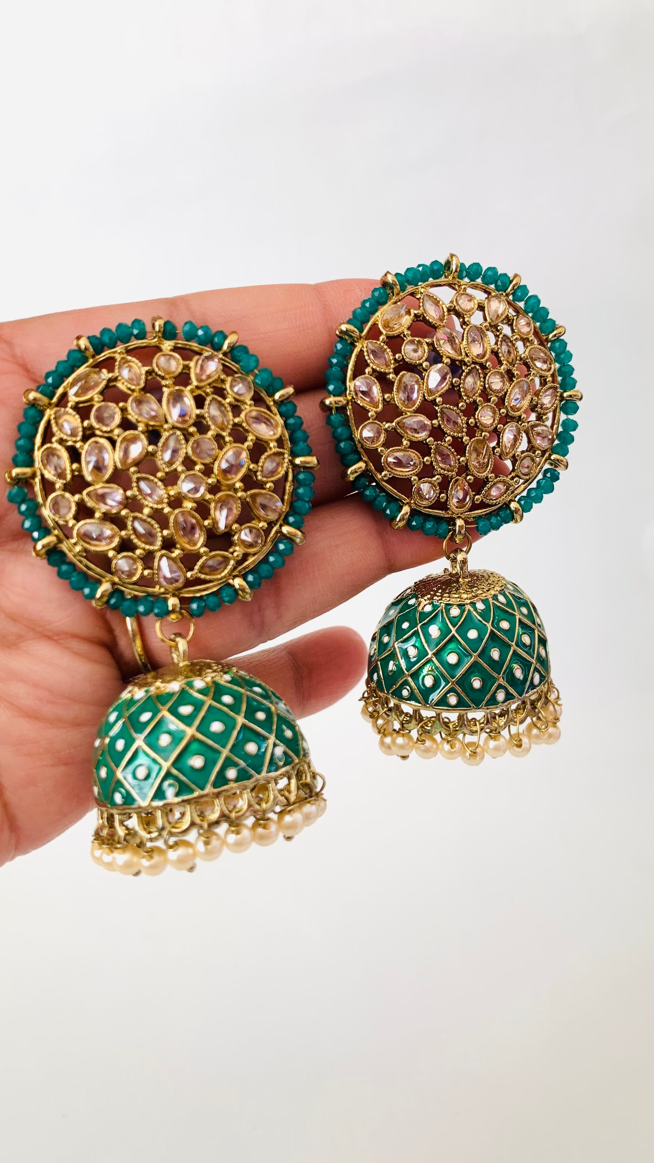 Green Polki Kundan Handpainted Meenakari Jhumka Earrings with Pearls | Traditional Ethnic Jewelry