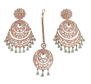 Cubic Zirconia Chandbali Earrings with Maang Tikka | Rose Gold Bridal Jewellery Set | Indian Wedding Earrings | Party Wear CZ Jewelry