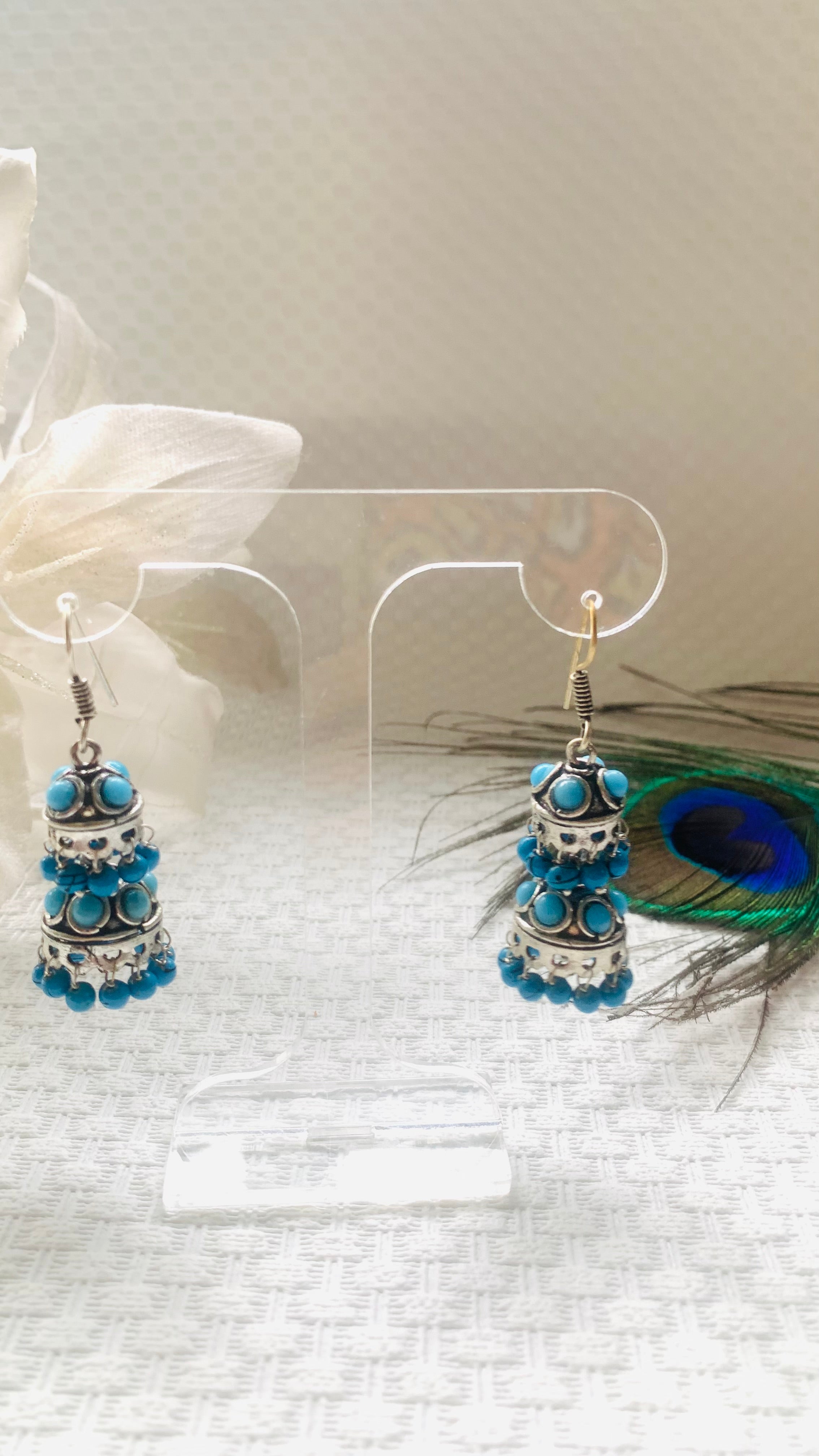 Blue and silver layered jhumka earrings