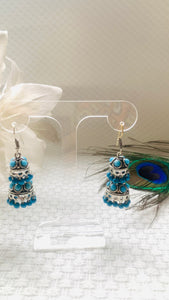 Blue and silver layered jhumka earrings