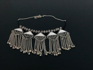 Antique Silver look Tribal Mirror Choker Necklace with Dangling Chains & Ghungroo Beads