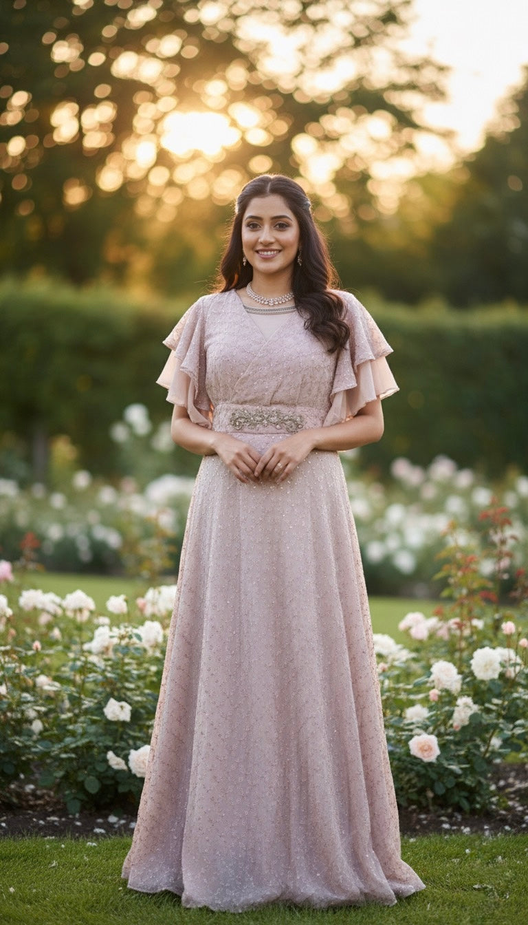 Elegant Dusty Pink Sequin Gown | Partywear Long Dress with Ruffle Sleeves & Embellished Waist