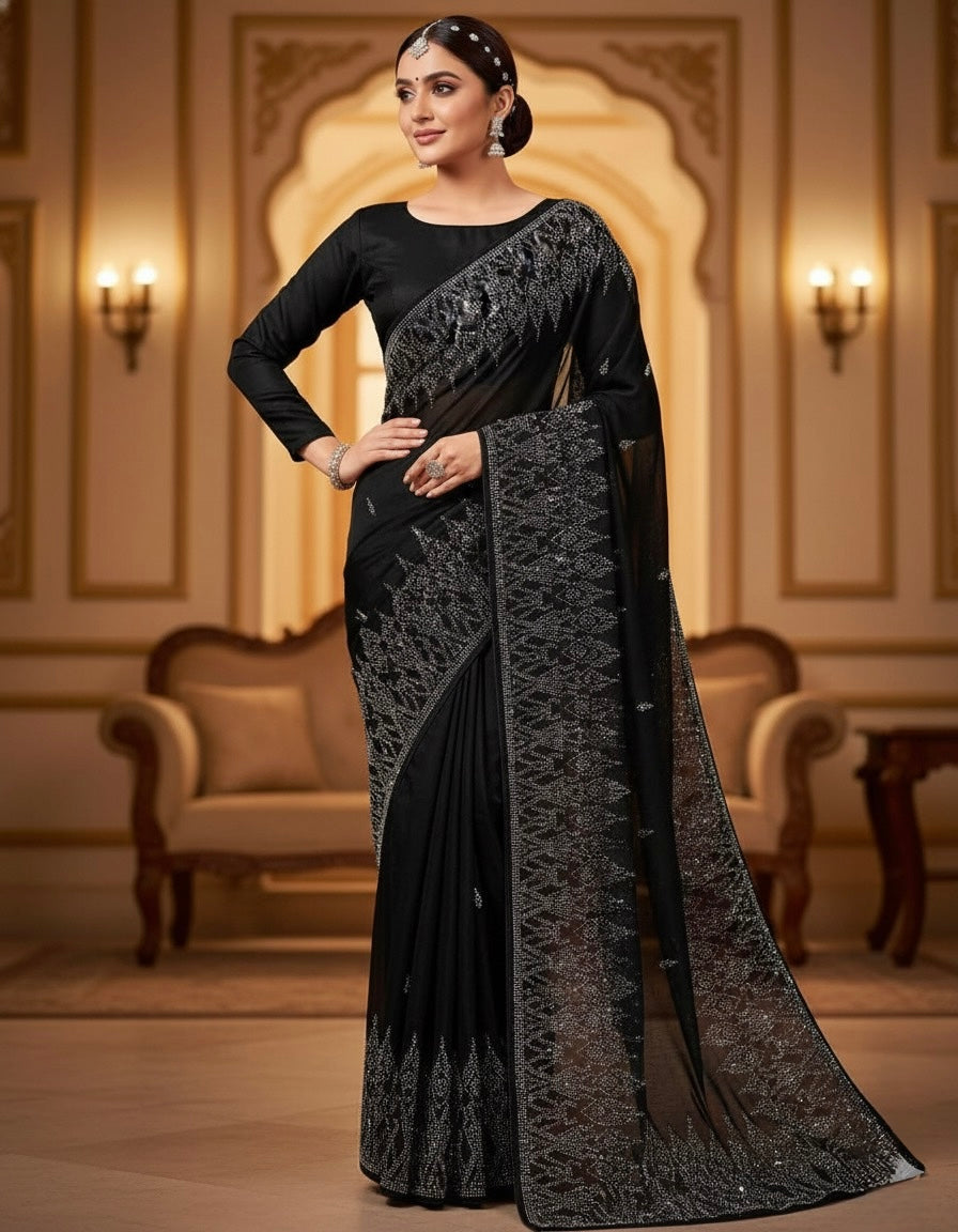 Majestic Black Organza Saree with Intricate Silver Embellishment