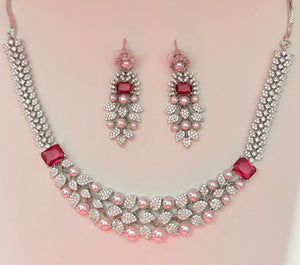 Silver and red / Ruby pearl Cubic zirconia necklace and earrings set