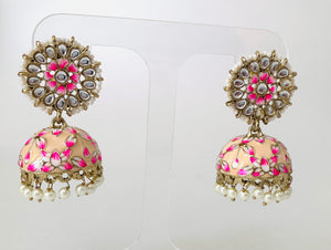 Kundan Pearl Handpainted Meenakari Jhumka Earrings | Traditional Ethnic Jewelry