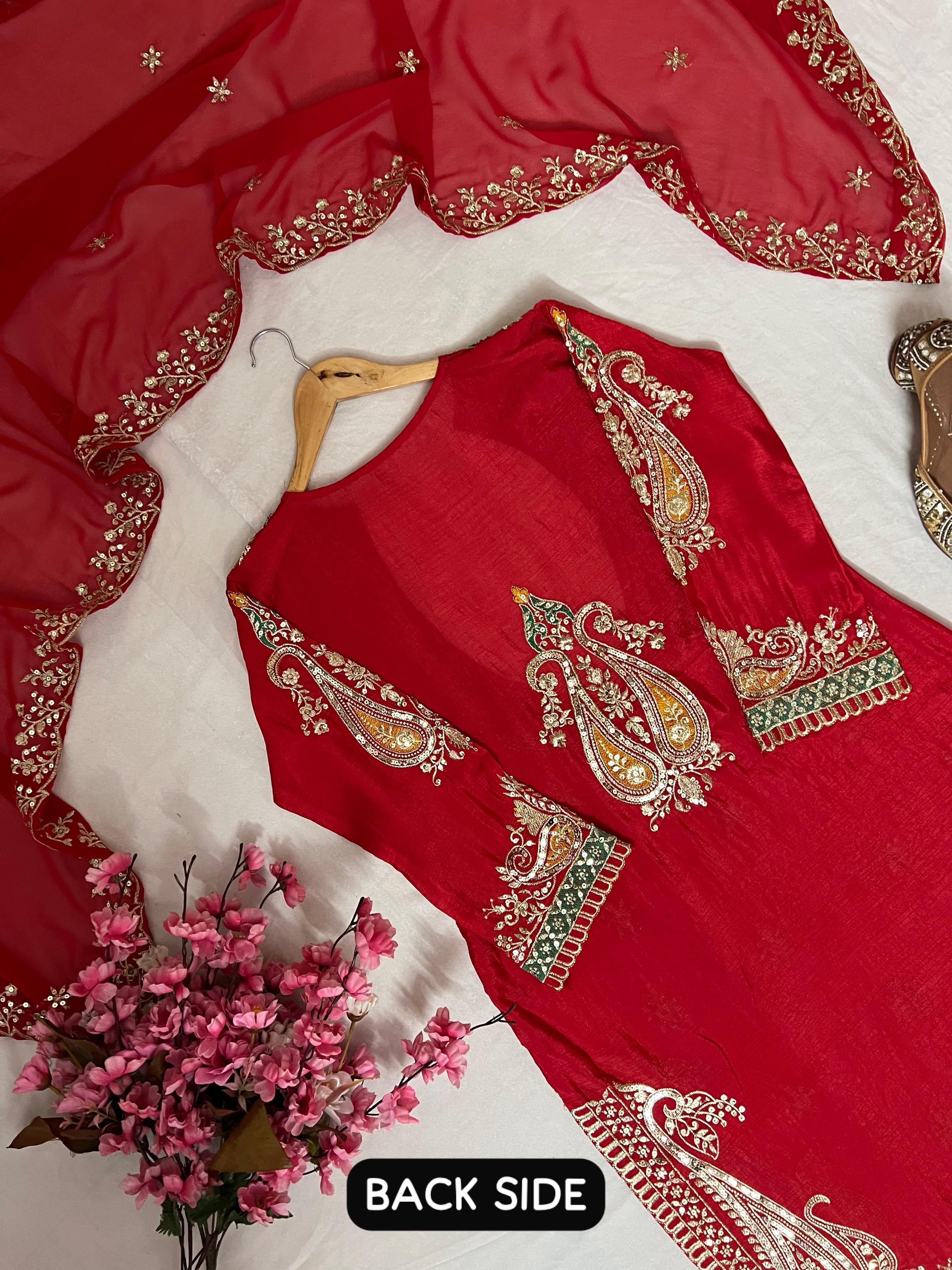 Red embroidered Partywear suit fully stitched