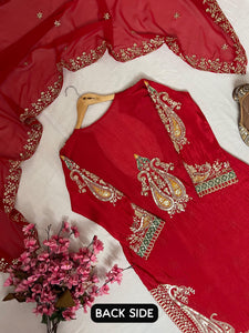 Red embroidered Partywear suit fully stitched