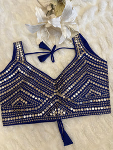 Blue faux Mirror & Thread Embroidered Readymade Saree Blouse