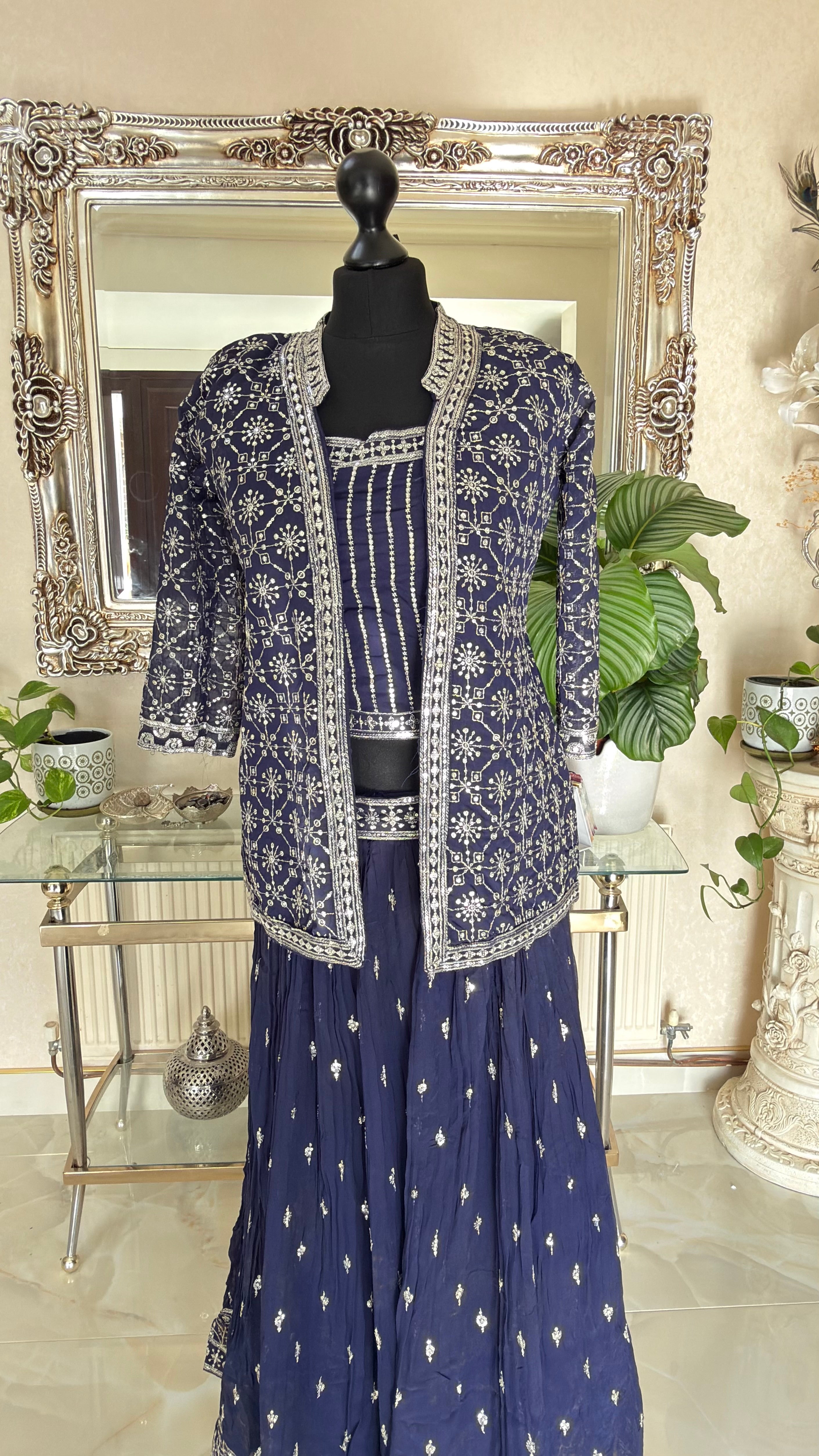 Navy Blue Georgette Embroidered Lehenga Set with Mirror and Thread Work Jacket – Festive & Wedding Wear