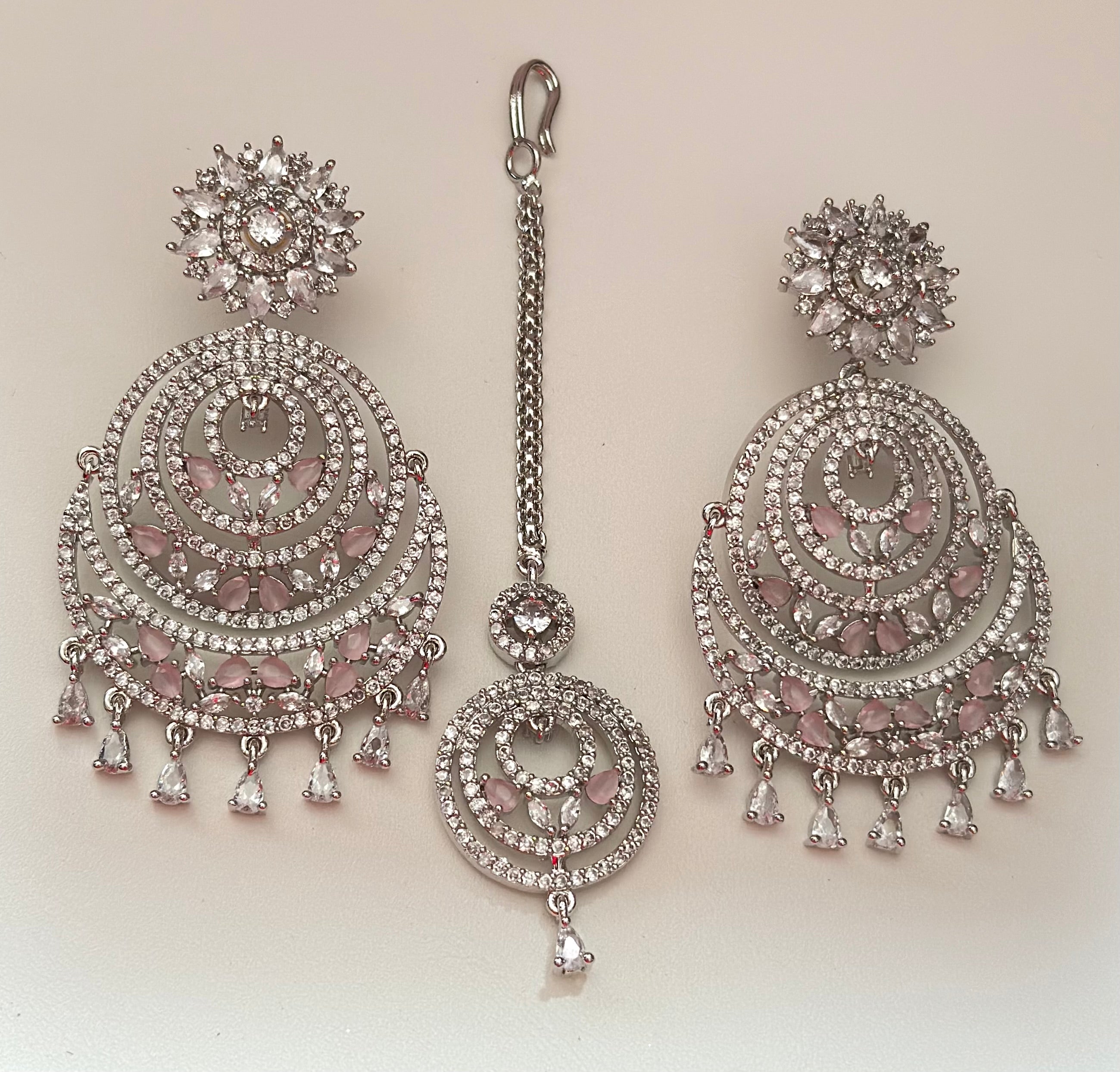 Cubic Zirconia Chandbali Earrings with Maang Tikka | Rose Gold Bridal Jewellery Set | Indian Wedding Earrings | Party Wear CZ Jewelry