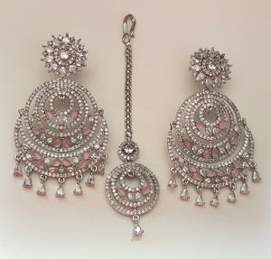 Cubic Zirconia Chandbali Earrings with Maang Tikka | Rose Gold Bridal Jewellery Set | Indian Wedding Earrings | Party Wear CZ Jewelry
