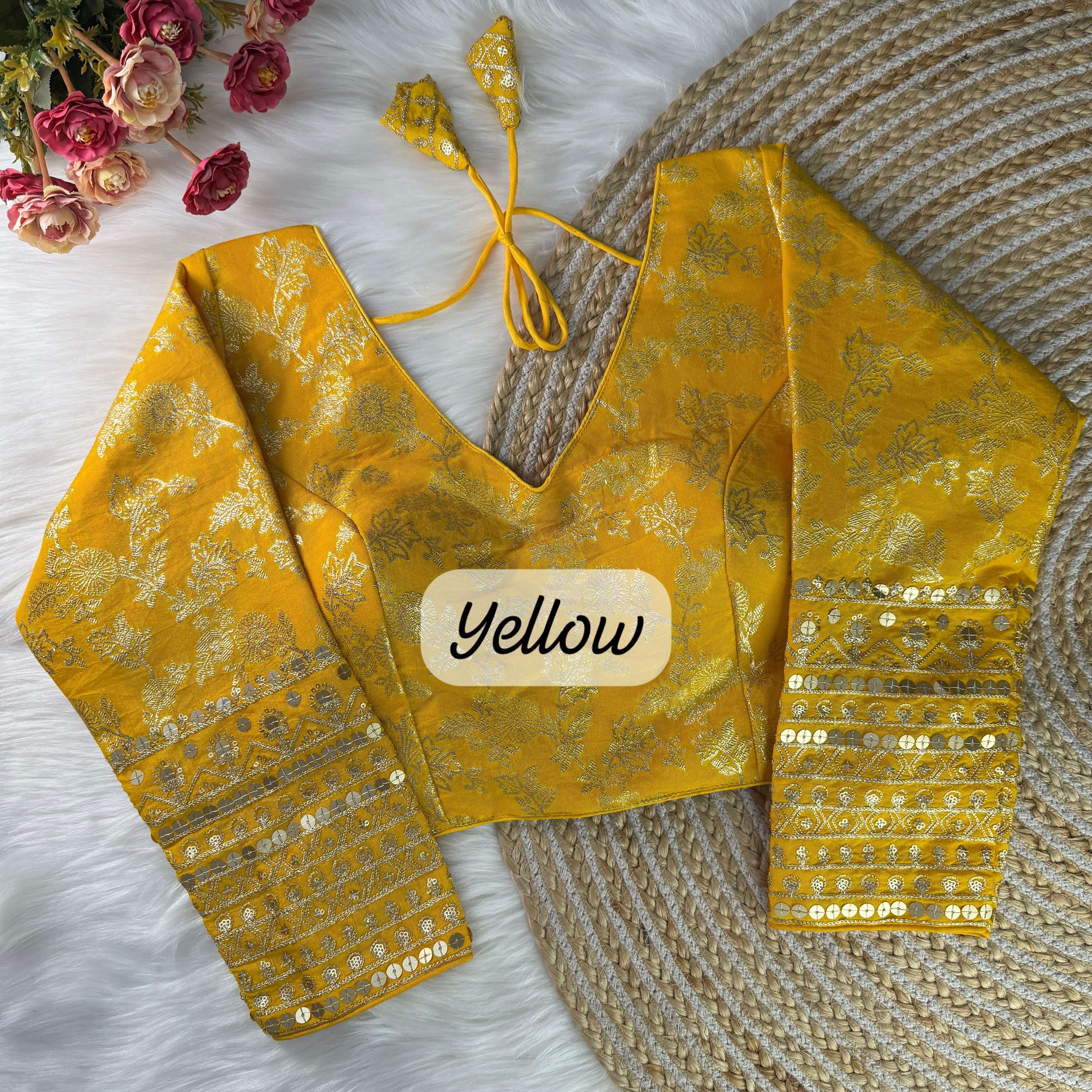 Yellow Banarasi Silk Blouse with sequins & Zari Work