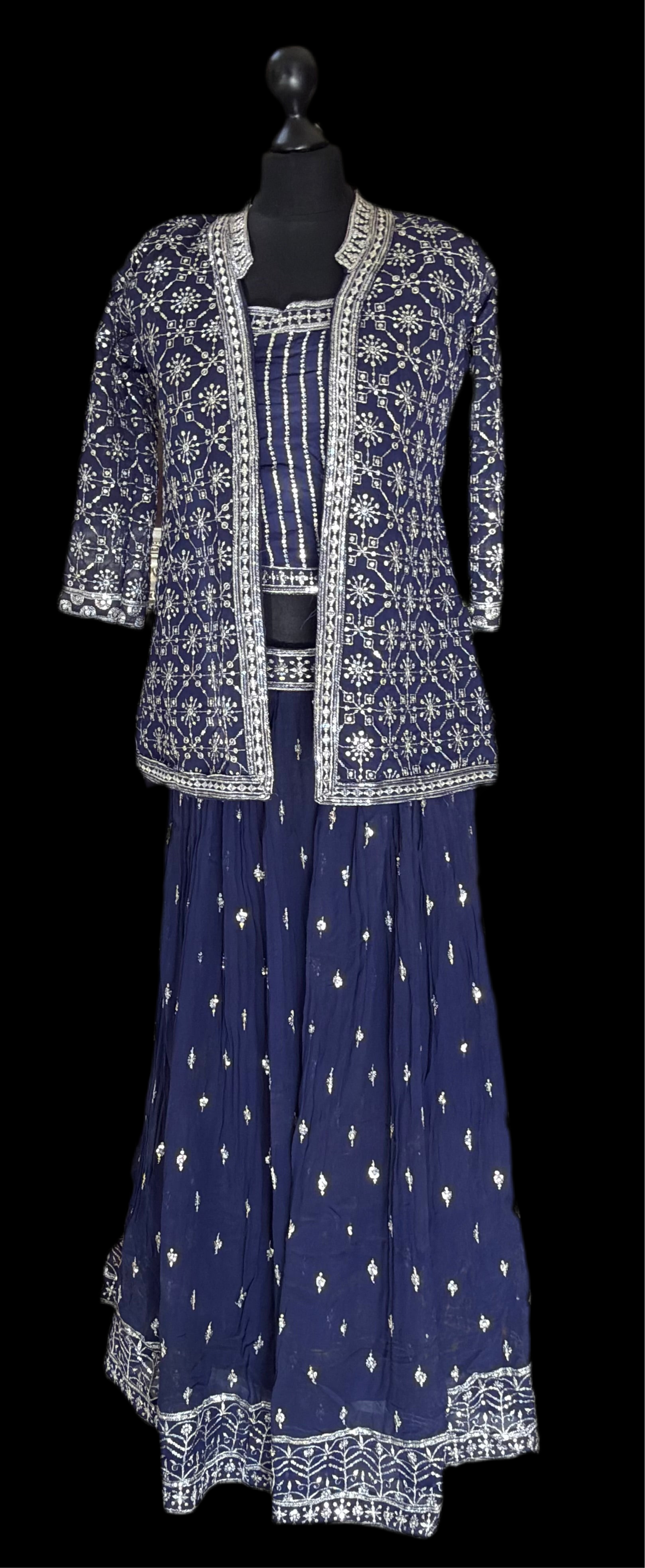 Navy Blue Georgette Embroidered Lehenga Set with Mirror and Thread Work Jacket – Festive & Wedding Wear