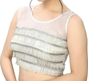 Silver white Designer Crop Top with Fringe Detailing | Partywear Blouse for Women
