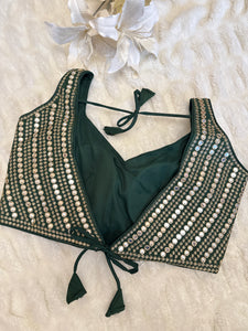 Emerald Green faux Mirror & Thread Embroidered Readymade Saree Blouse