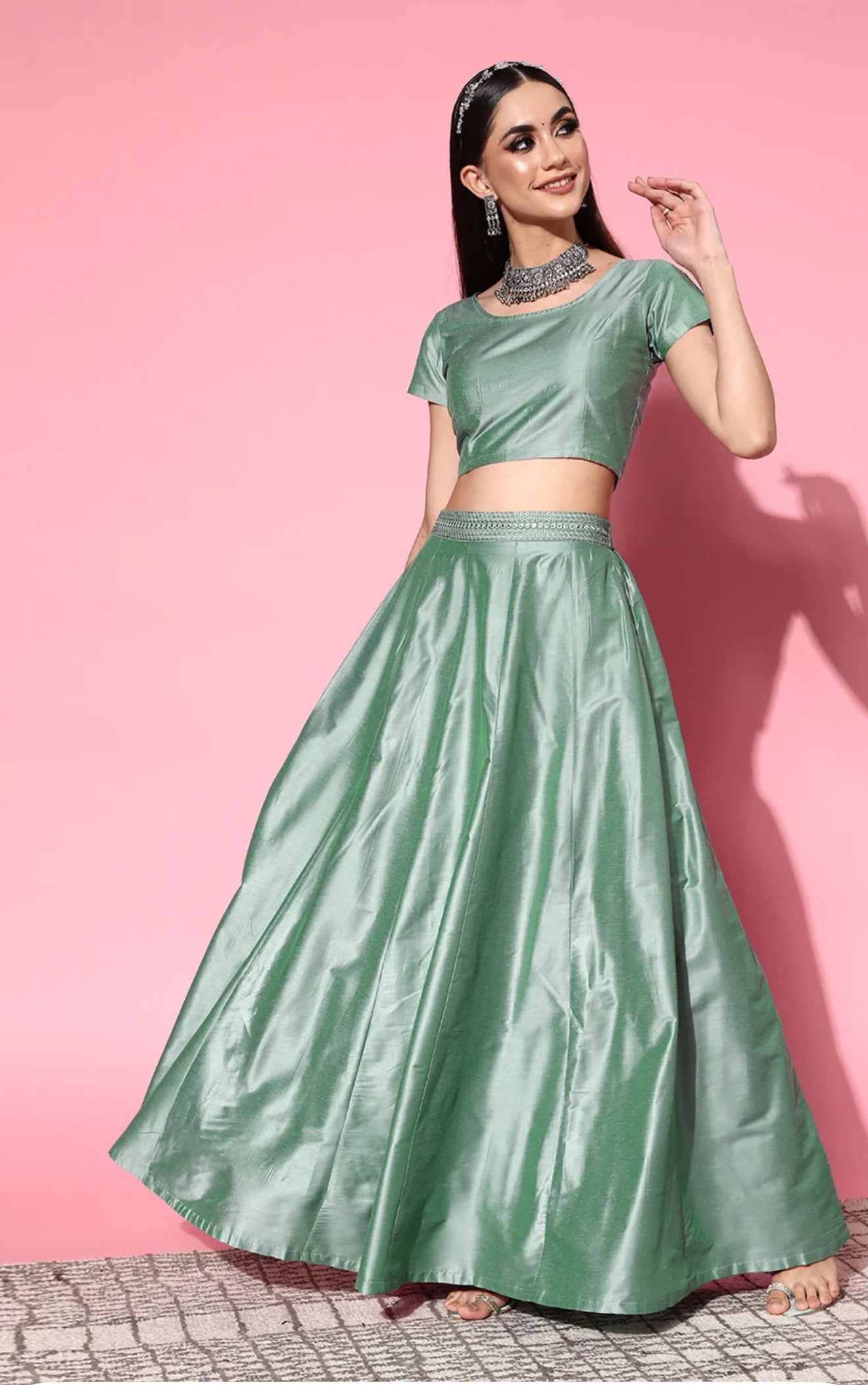Stylish Mint Green Silk Lehenga Set with Plain Crop Blouse – Elegant Party & Festive Wear