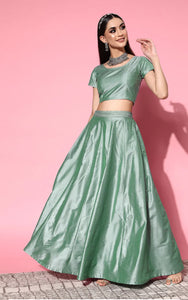 Stylish Mint Green Silk Lehenga Set with Plain Crop Blouse – Elegant Party & Festive Wear