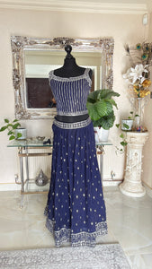 Navy Blue Georgette Embroidered Lehenga Set with Mirror and Thread Work Jacket – Festive & Wedding Wear