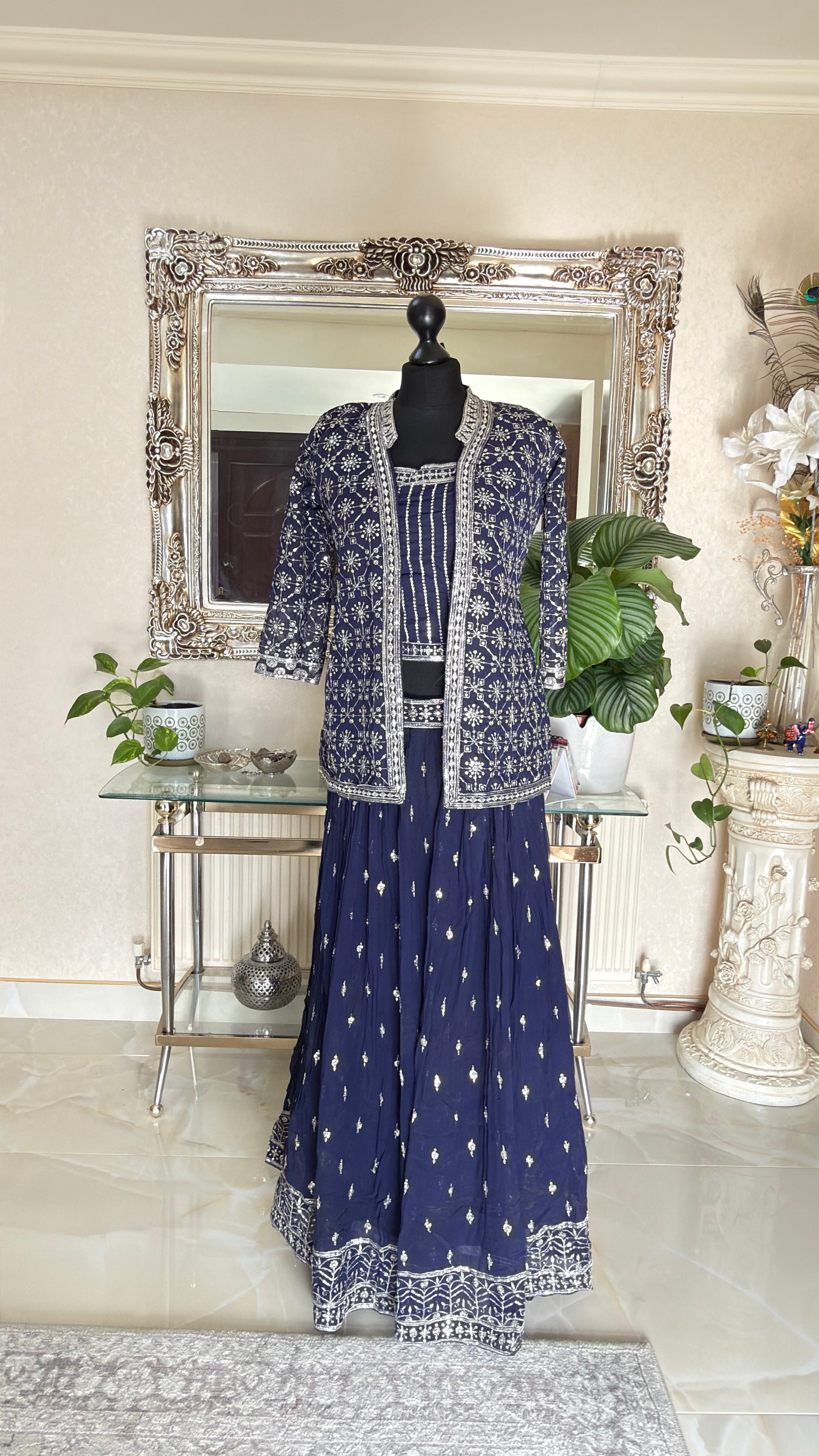 Navy Blue Georgette Embroidered Lehenga Set with Mirror and Thread Work Jacket – Festive & Wedding Wear