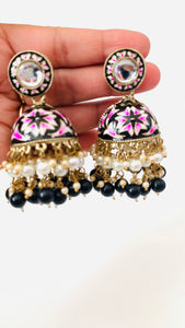 Black Kundan Pearl Handpainted Meenakari Jhumka Earrings | Traditional Ethnic Jewelry