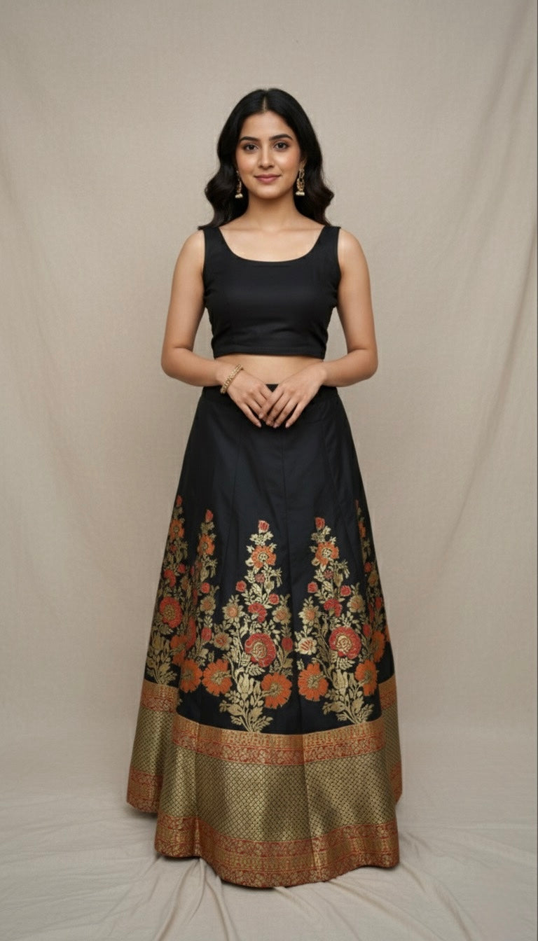 Traditional Banarasi Silk Skirt – black with Red & Gold Floral Zari Work